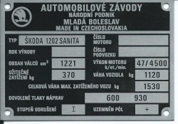 štítok Škoda 1202 SANITA